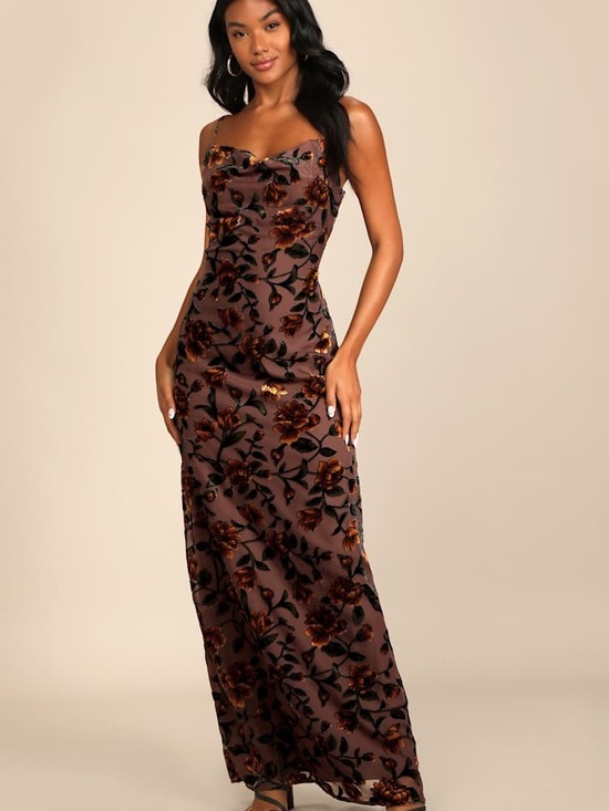 Lulus Dresses & Skirts - Lulu's Brown Floral Velvet Maxi Dress